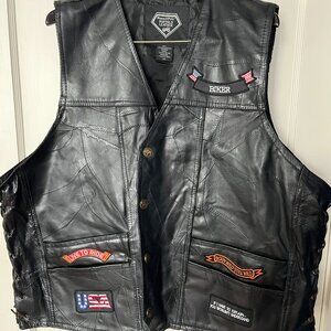 BUFFALO Leather DIAMOND PLATE Snap Biker Vest Black MENS PLUS SIZE with Patches
